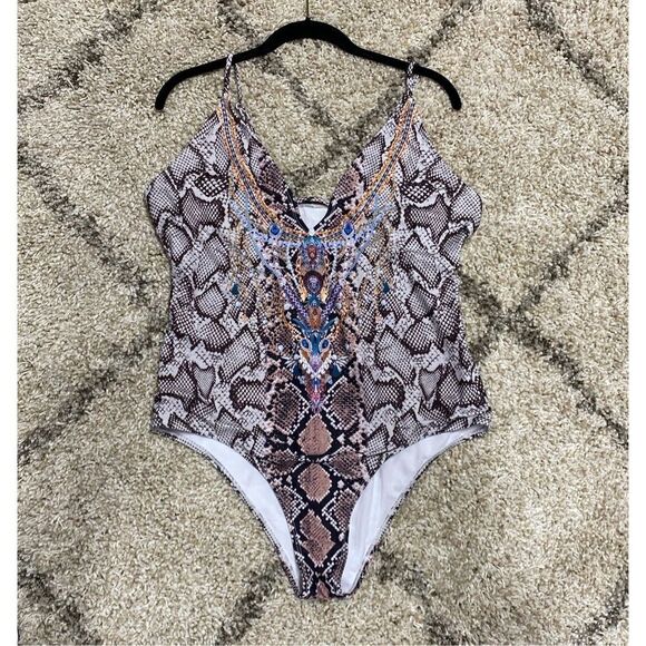 Snakeskin Brown Print One Piece Swimwear Size 18 - Picture 2 of 4